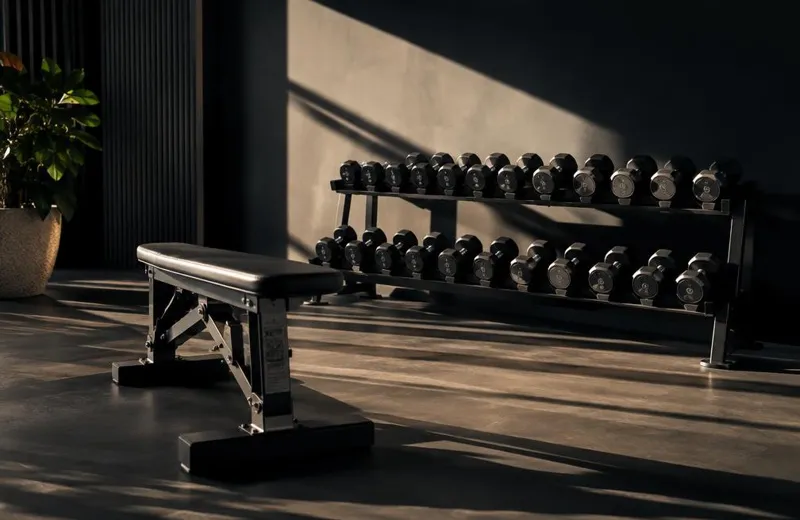 Sala de entrenamiento con banco y mancuernas