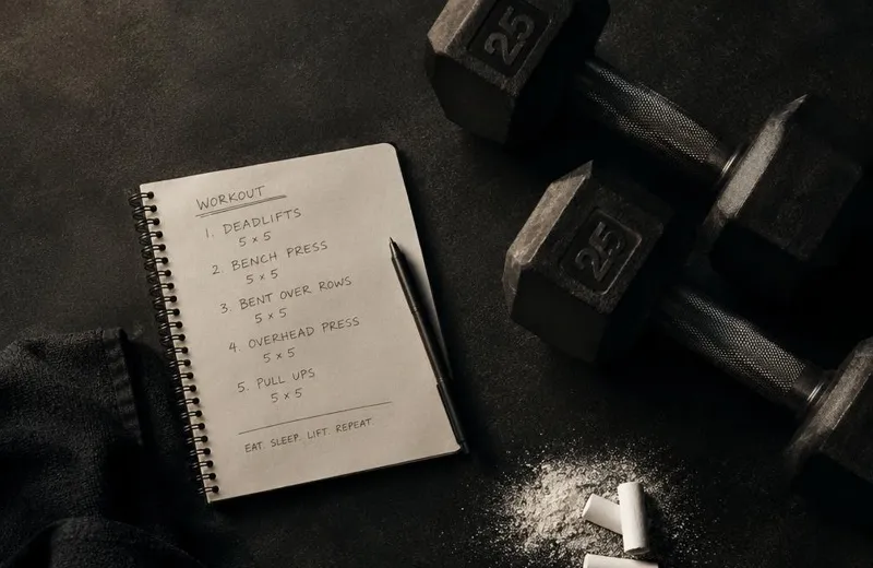 Cuaderno de entrenamiento junto a pesas
